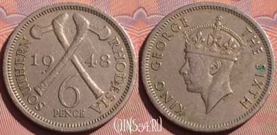 Южная Родезия 6 пенсов 1948 года, KM# 21, 056i-192