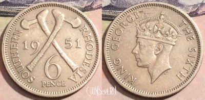 Южная Родезия 6 пенсов 1951 года, KM# 21, 171-086
