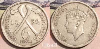 Южная Родезия 6 пенсов 1952 года, KM# 21, 171-087