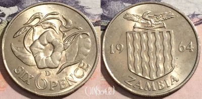 Замбия 6 пенсов 1964 года, КМ# 1, UNC, 172-011