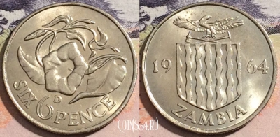 Замбия 6 пенсов 1964 года, КМ# 1, UNC, 172-013
