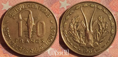 Западная Африка 10 франков 1968 года, KM# 1a, 181i-038