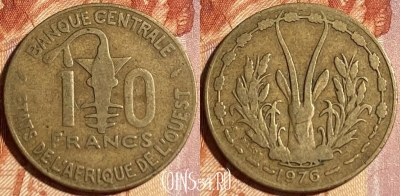 Западная Африка 10 франков 1976 года, KM# 1a, 464q-534