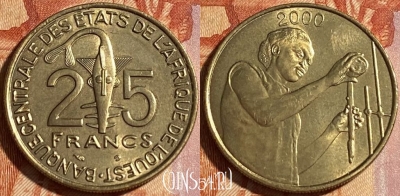 Западная Африка 25 франков 2000 года, KM# 9, 464q-528 ♛