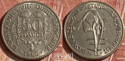 Западная Африка 50 франков 1980 года, KM# 6, 067q-076 ♛
