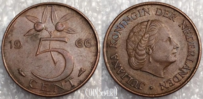 Нидерланды 5 центов 1966 года, см. состояние, 79-029a