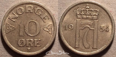 Норвегия 10 эре 1954, см. состояние, 87-041a