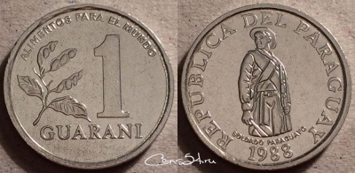 Парагвай 1 гуарани 1988 года, KM# 165, 87-033b