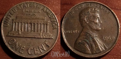 США 1 цент 1969 года, KM# 201, 54-002