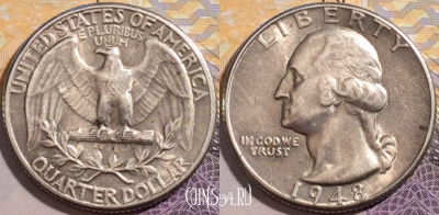 США 25 центов (квотер) 1948 года, Ag, KM# 164, 204-109
