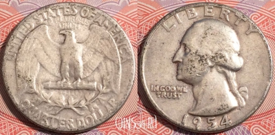 США 25 центов (квотер) 1954 года, Серебро, Ag, KM# 164,