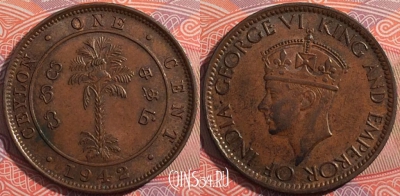 Цейлон британский 1 цент 1942 года, KM# 111a, a072-023