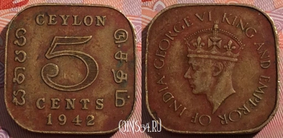 Цейлон британский 5 центов 1942 года, KM# 113.1, a142-086