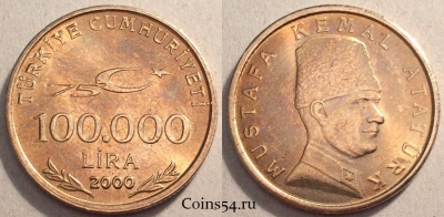 Турция 100.000 лир 2000 года, KM# 1078, 84-040b