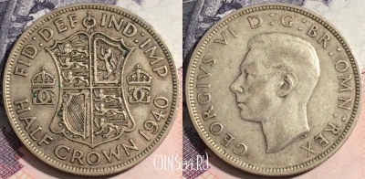 Великобритания 1/2 кроны 1940 года, Серебро, KM# 856