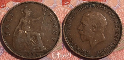 Великобритания 1/2 пенни 1936 года, KM# 837, a076-089