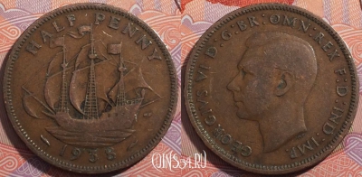 Великобритания 1/2 пенни 1938 года, KM# 844, a135-010