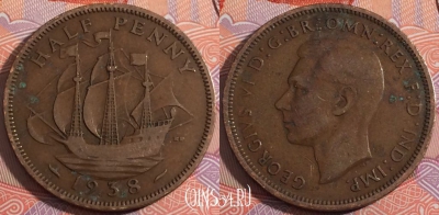 Великобритания 1/2 пенни 1938 года, KM# 844, a140-093