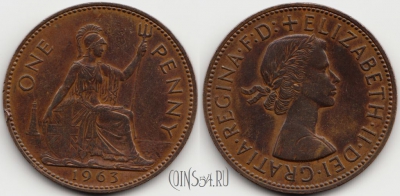 Великобритания 1 пенни 1963 год, KM# 897, 54-140