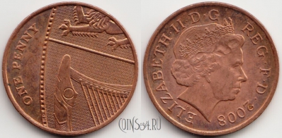 Великобритания 1 пенни 2008 год, KM# 1107, 55-031