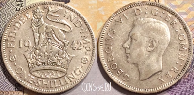 Великобритания 1 шиллинг 1942 года, Серебро, KM# 853, 146-087