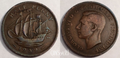 Великобритания 1/2 пенни 1939 года, KM# 844, 067-020a