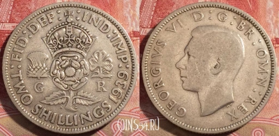Великобритания 2 шиллинга 1939 года, Ag, KM# 855, 221-035