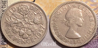 Великобритания 6 пенсов 1957 года, KM# 903, 146-001