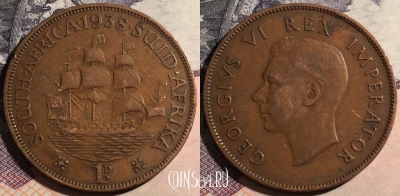 ЮАР (Южная Африка) 1 пенни 1938 года, KM# 25, 168-034
