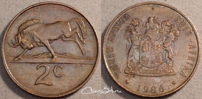 ЮАР 2 цента 1986 года, см. состояние, 87-016a