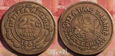 Жетон Chuck E Cheese 25 Cents 1982 Token, 075c-040