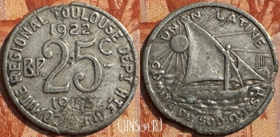 Commune of Toulouse 25 Centimes 1922 Token, 284s-111